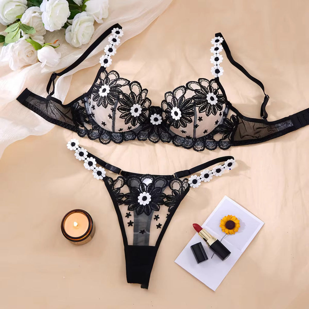 Tranparent UltraThin Floral Emroidery Bra Set