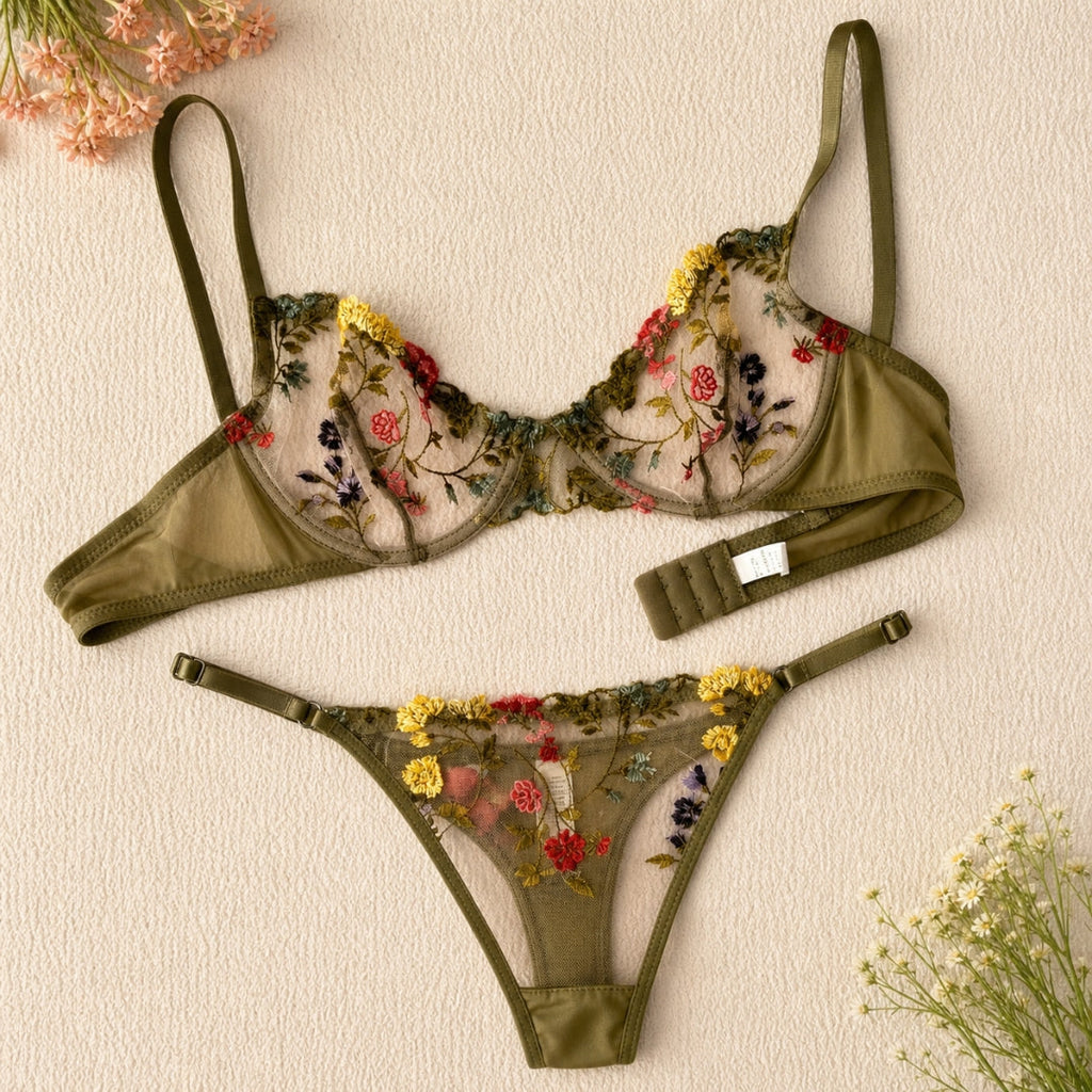 Olive Green Floral Embroidered Lingerie Set – Bra & Panty