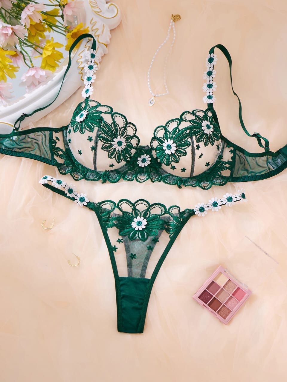 Tranparent UltraThin Floral Emroidery Bra Set