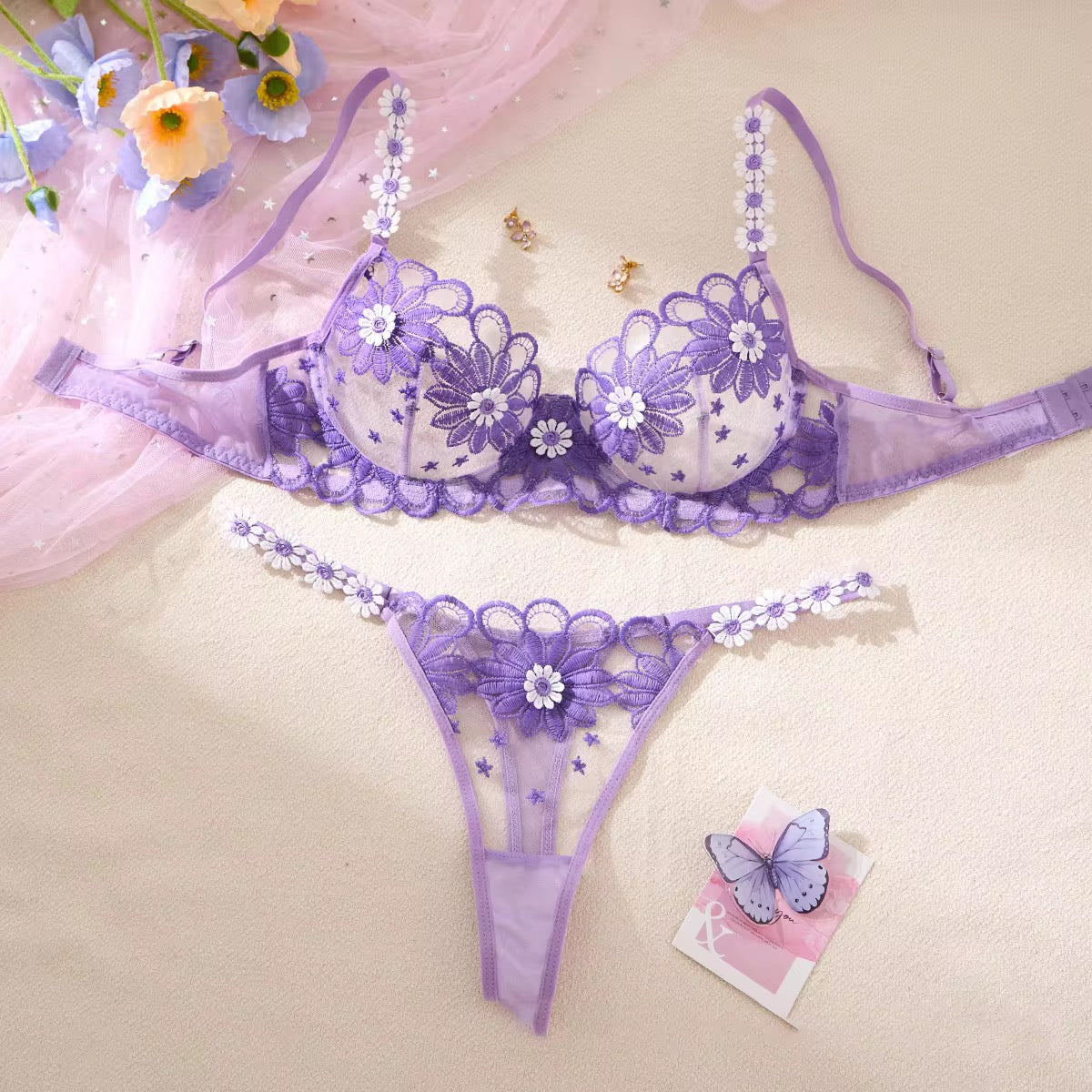 Tranparent UltraThin Floral Emroidery Bra Set