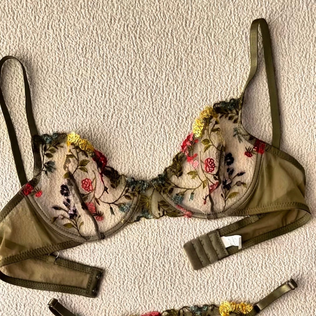 Olive Green Floral Embroidered Lingerie Set – Bra & Panty