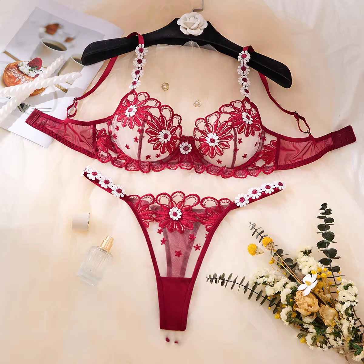 Tranparent UltraThin Floral Emroidery Bra Set