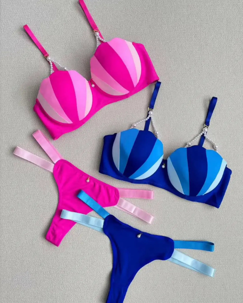 Intimate Striped Bra & Panty Set - Pearl Strap Lingerie
