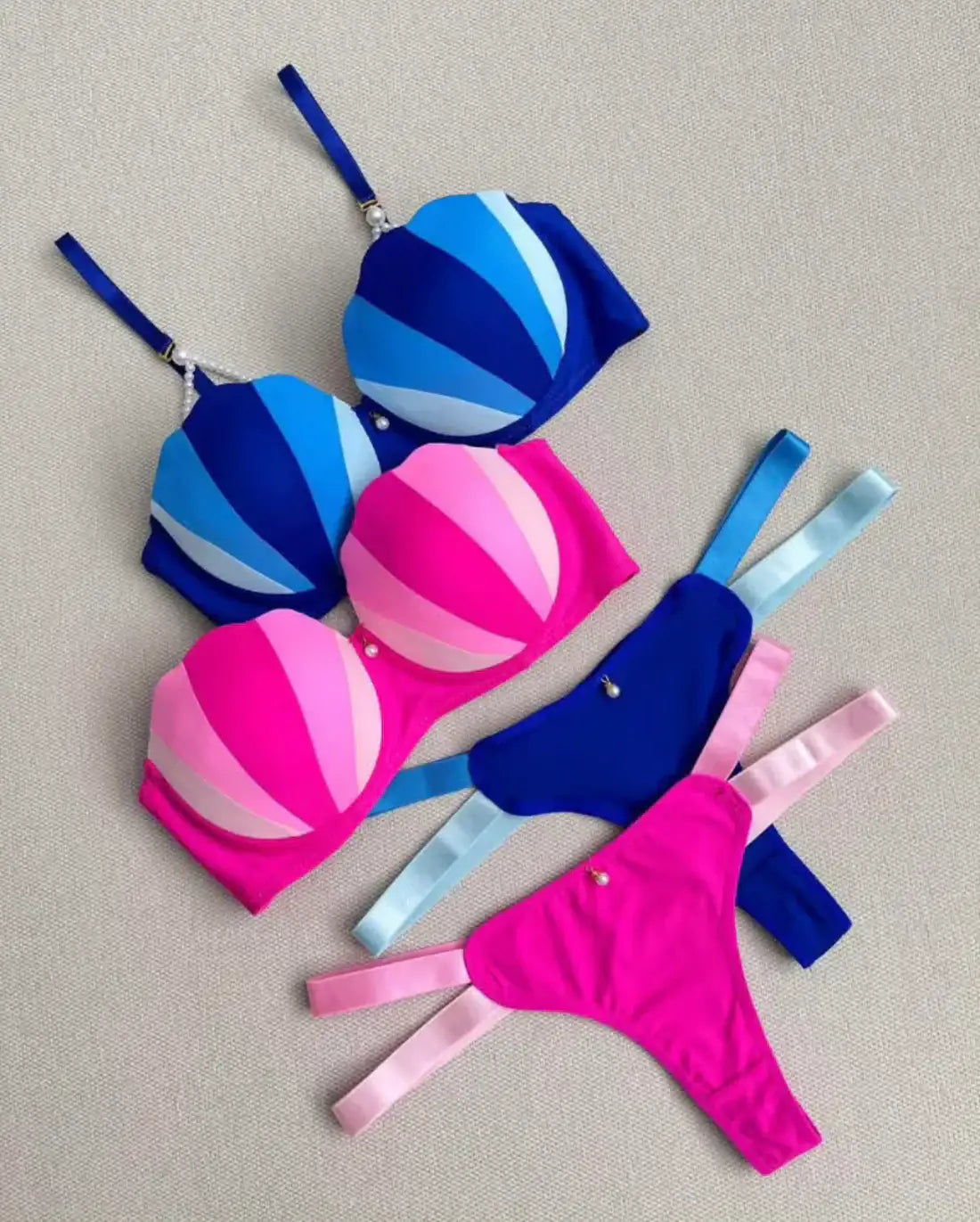 Intimate Striped Bra & Panty Set - Pearl Strap Lingerie