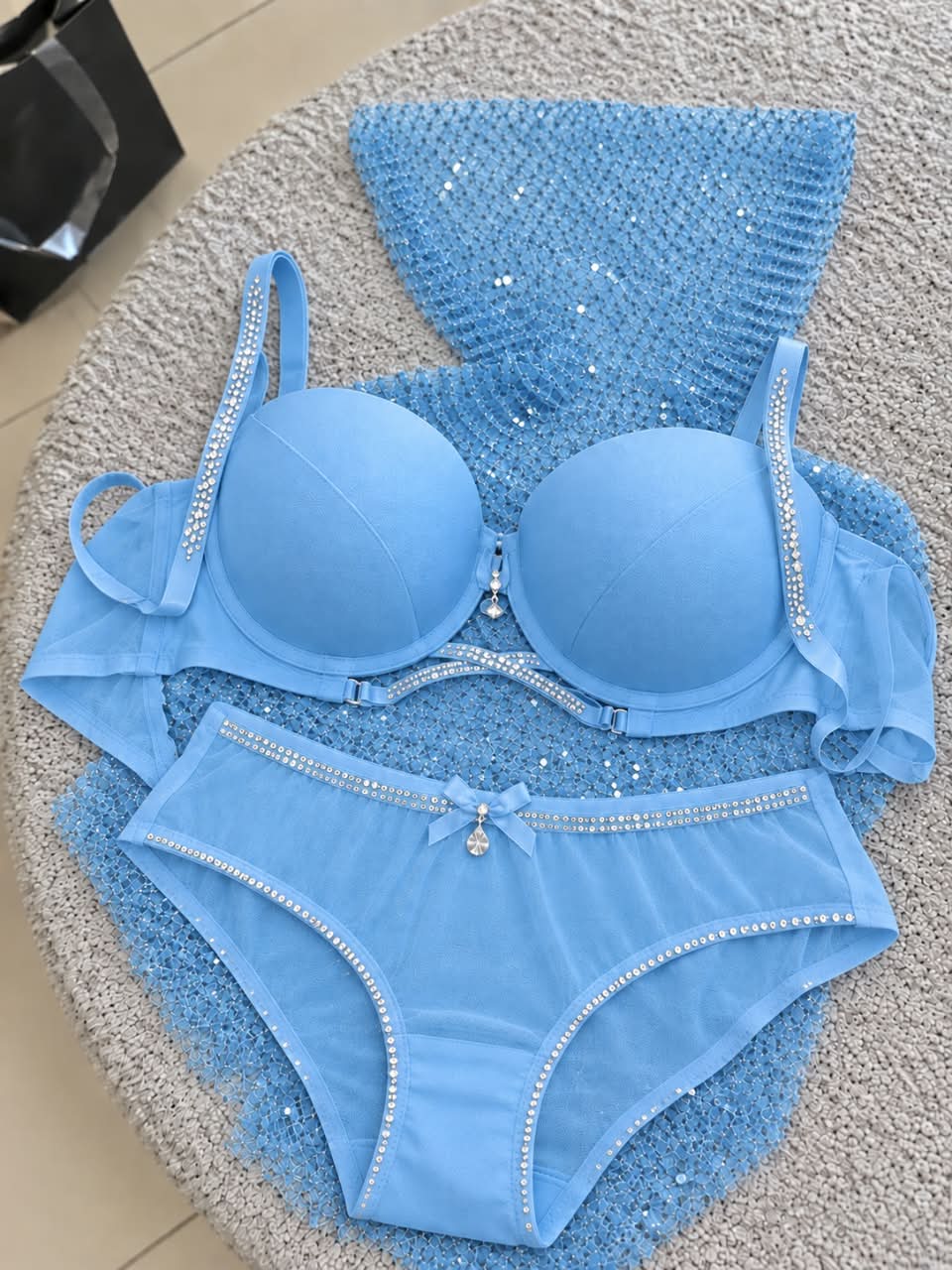 Elegant Nude Rhinestone Embellished Lingerie Set