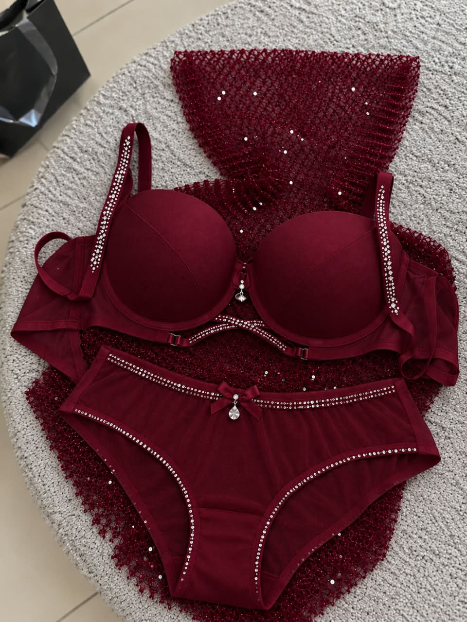 Elegant Nude Rhinestone Embellished Lingerie Set