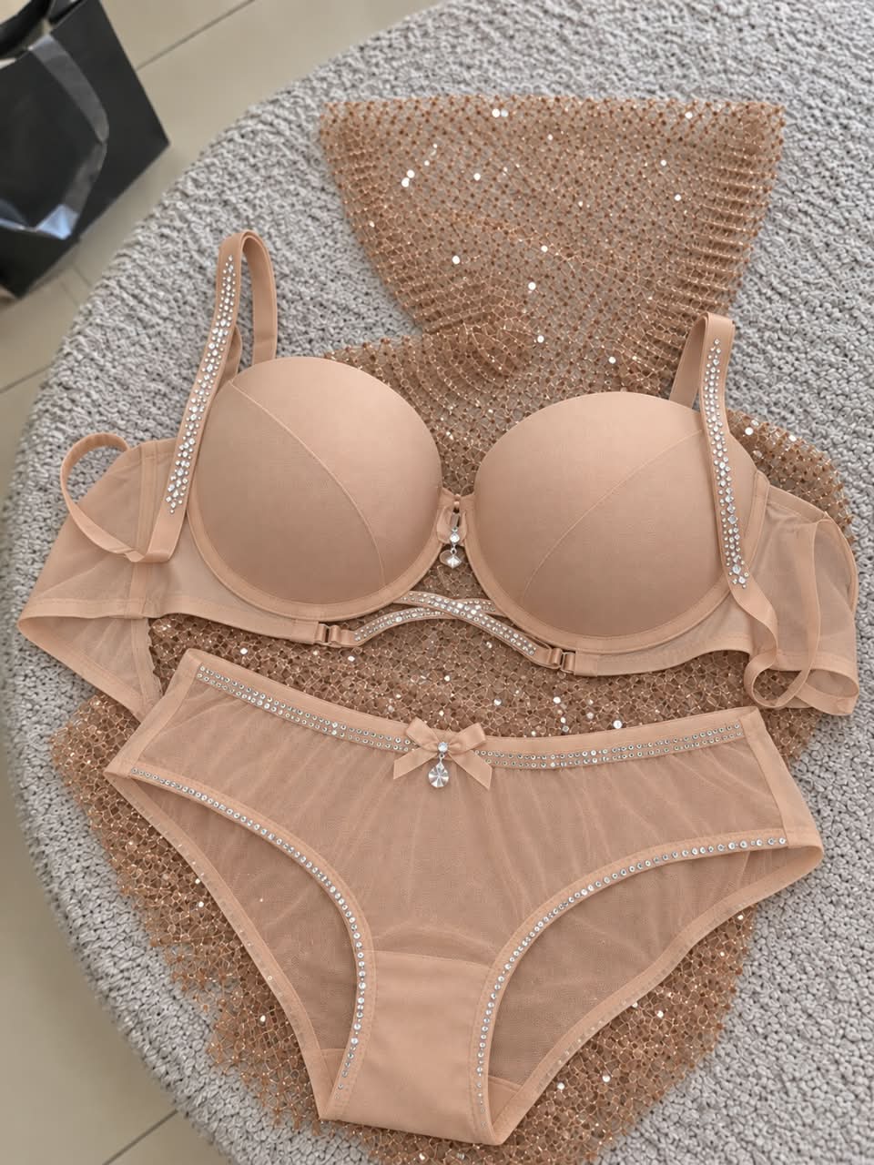 Elegant Nude Rhinestone Embellished Lingerie Set