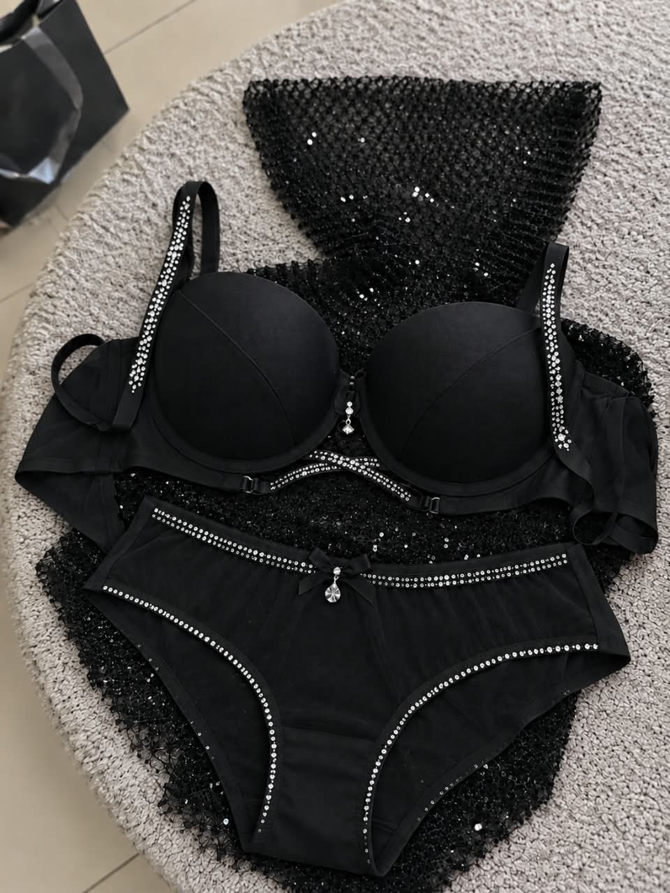 Elegant Nude Rhinestone Embellished Lingerie Set