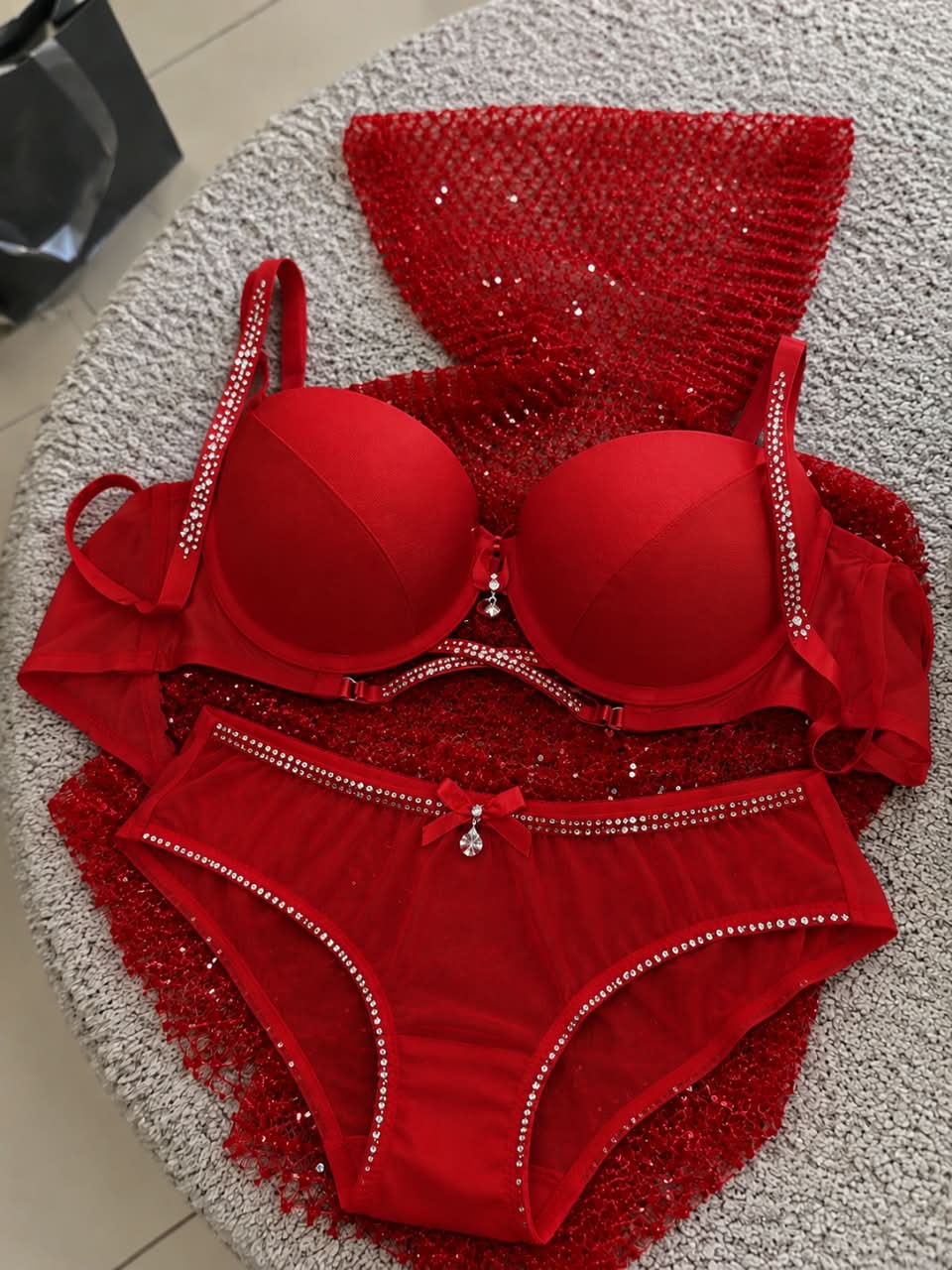 Elegant Nude Rhinestone Embellished Lingerie Set