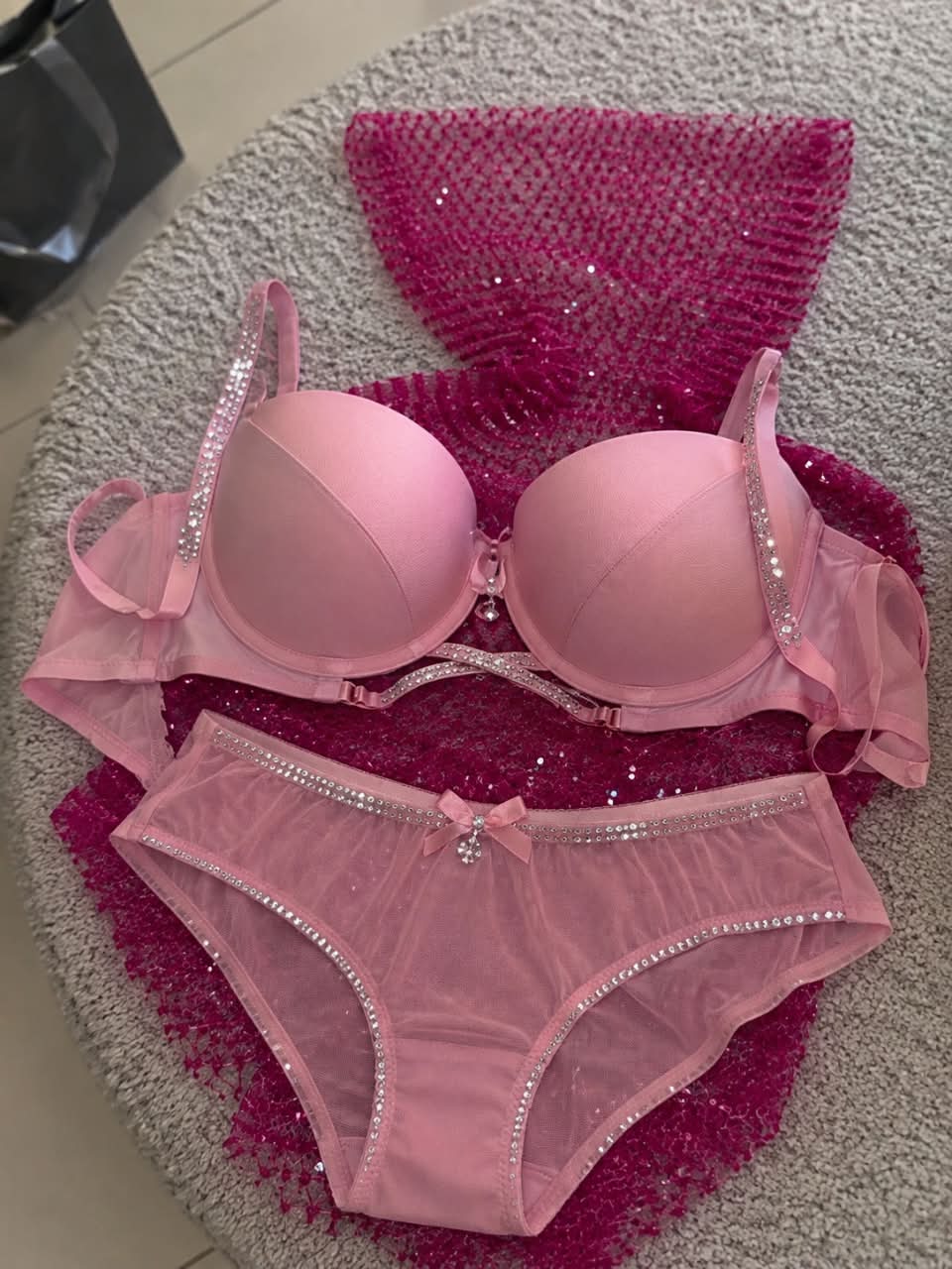 Elegant Nude Rhinestone Embellished Lingerie Set