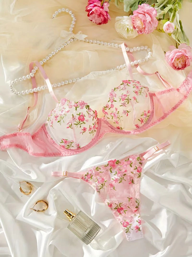Tranparent UltraThin Floral Emroidery Bra Set
