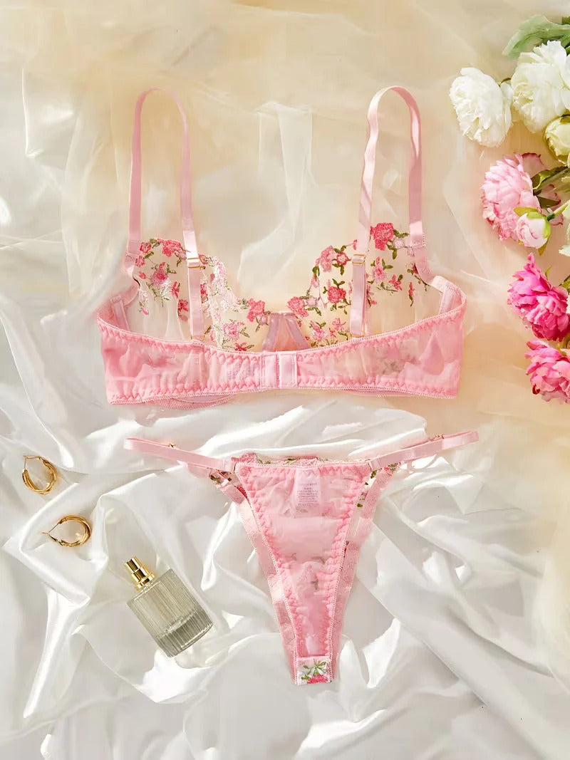 Tranparent UltraThin Floral Emroidery Bra Set