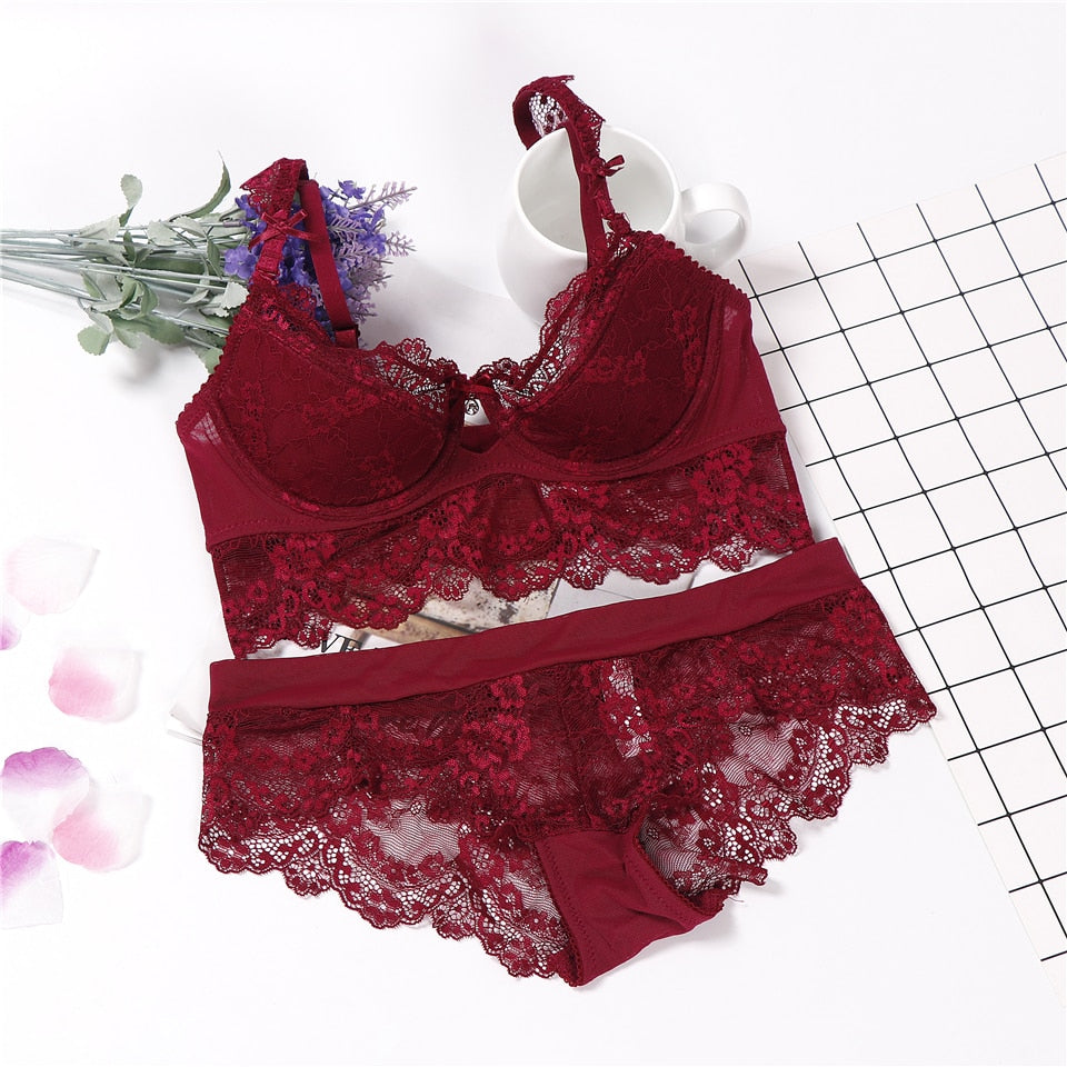 Flower Printed Silk n Lace Bra Set