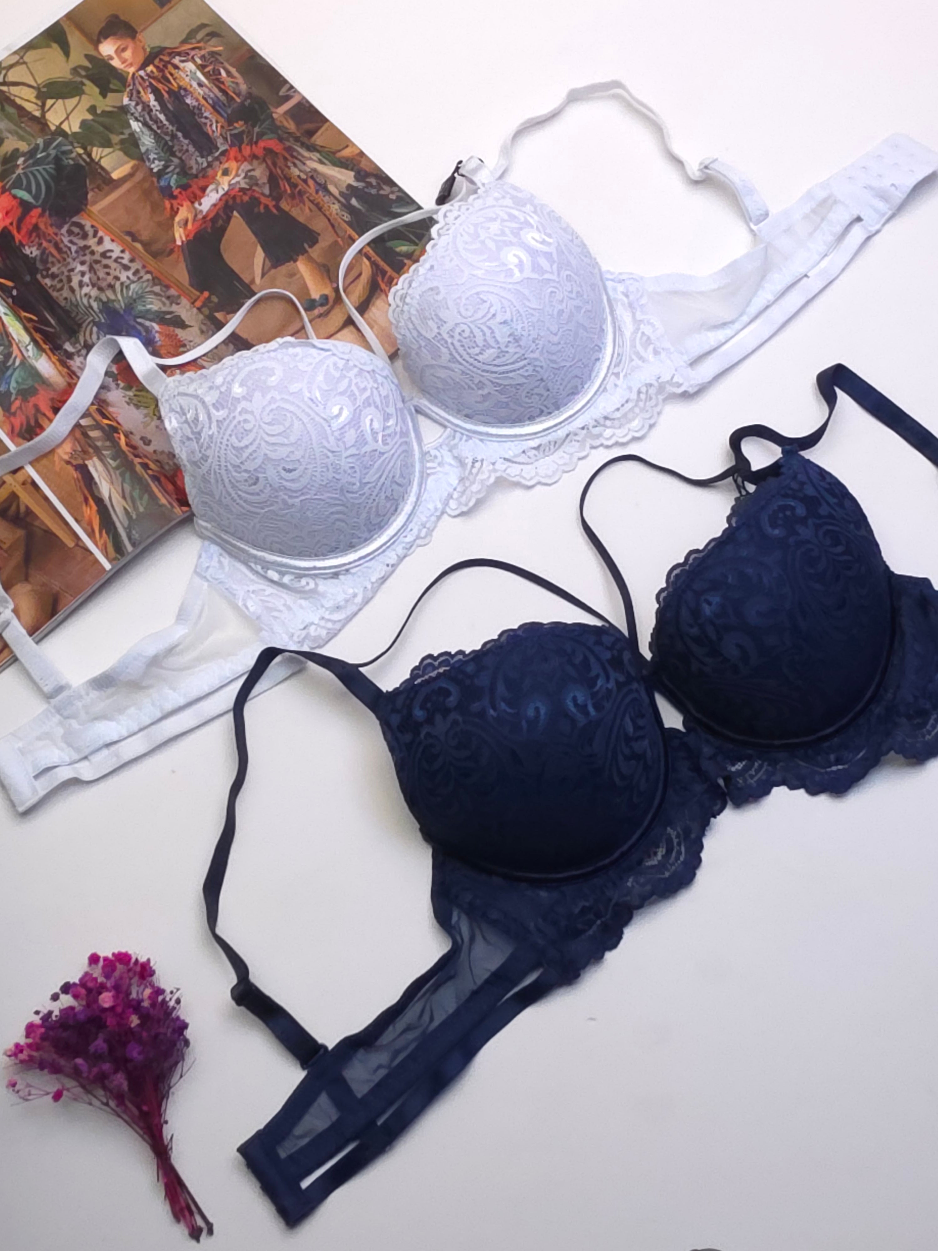 (34-40)B White Double Padded Push-up Lace Bridal Bra (148)*