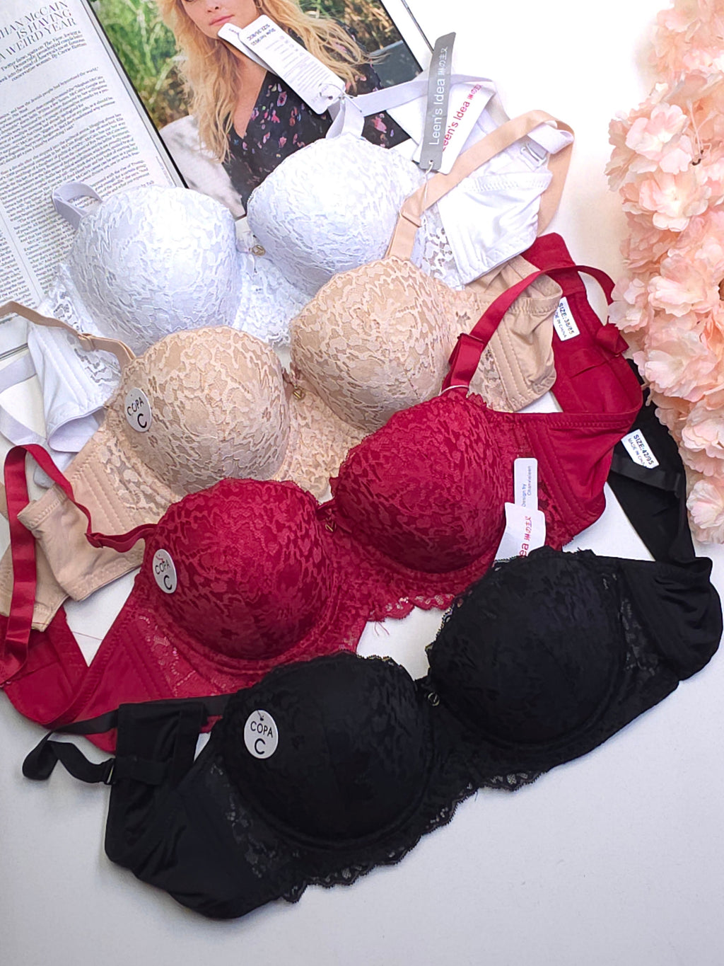 (36-42)C Cup Size Half Cup Shape Padded Push up Wired Flower Pattern Bra (159)*