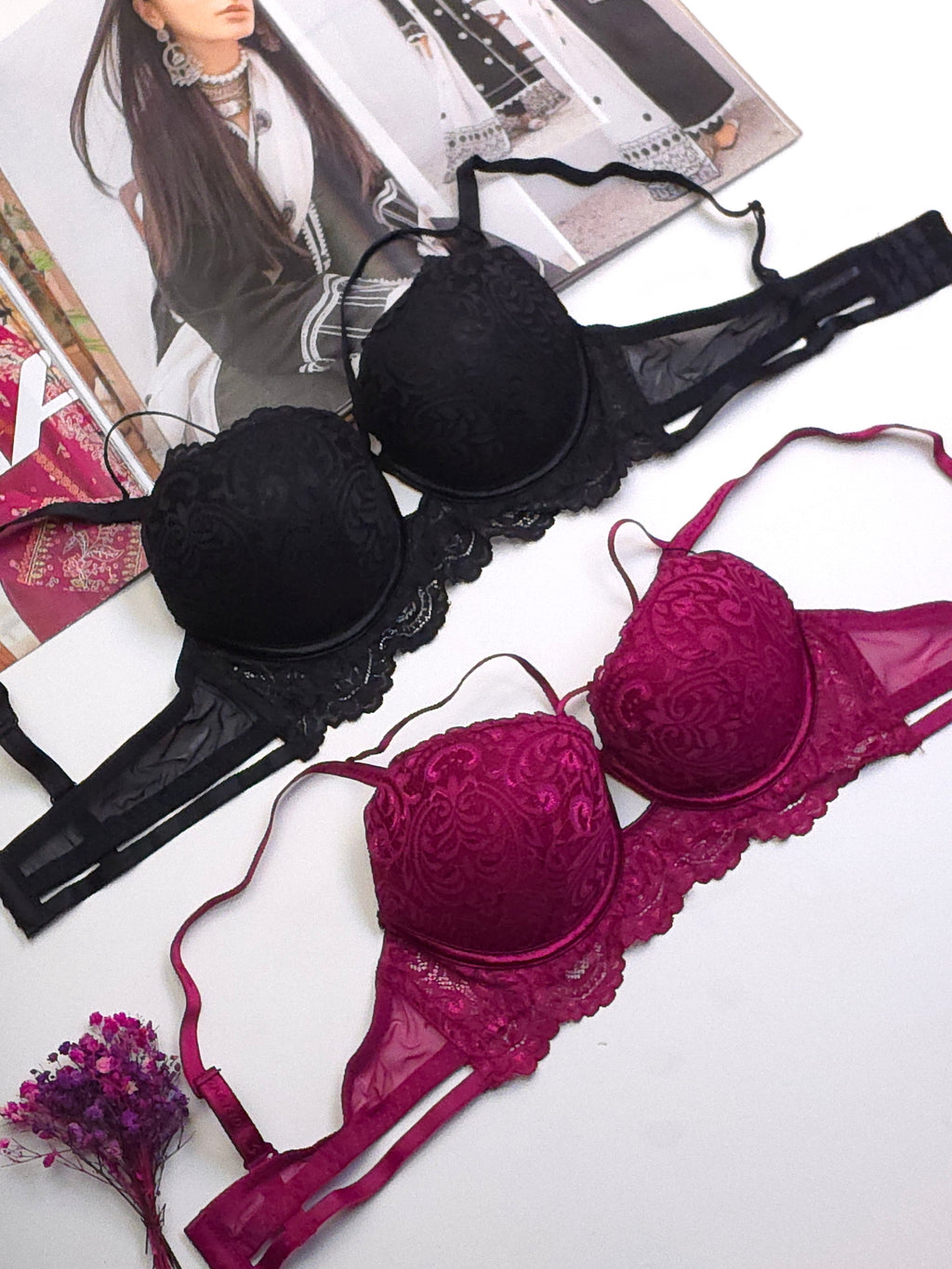 (34-40)B Elegant Double Padded Push-up Lace Bridal Bra (148)*