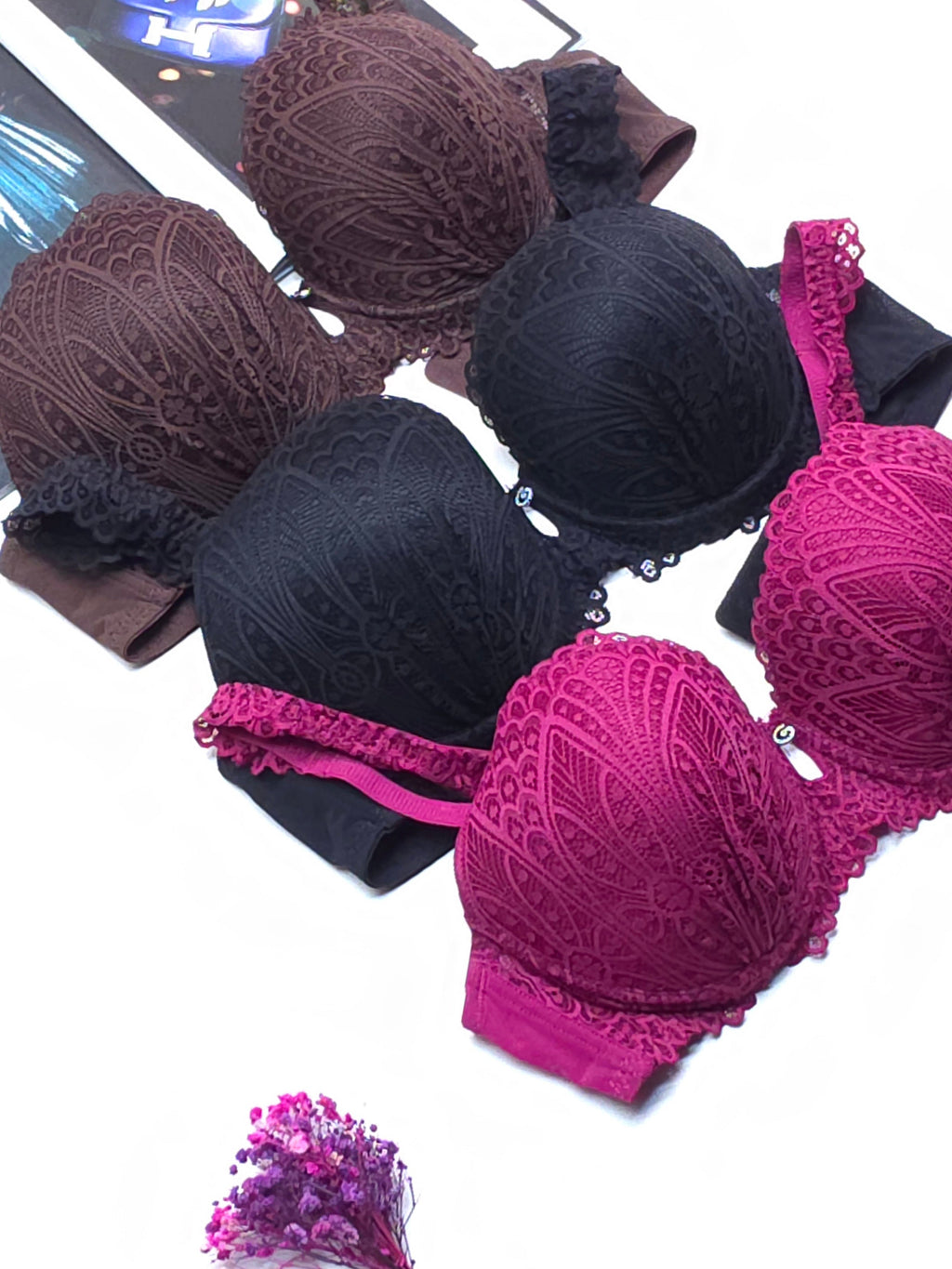 (36-42)D Cup Size Light Padded Wired Flower Pattern Bra (165)*