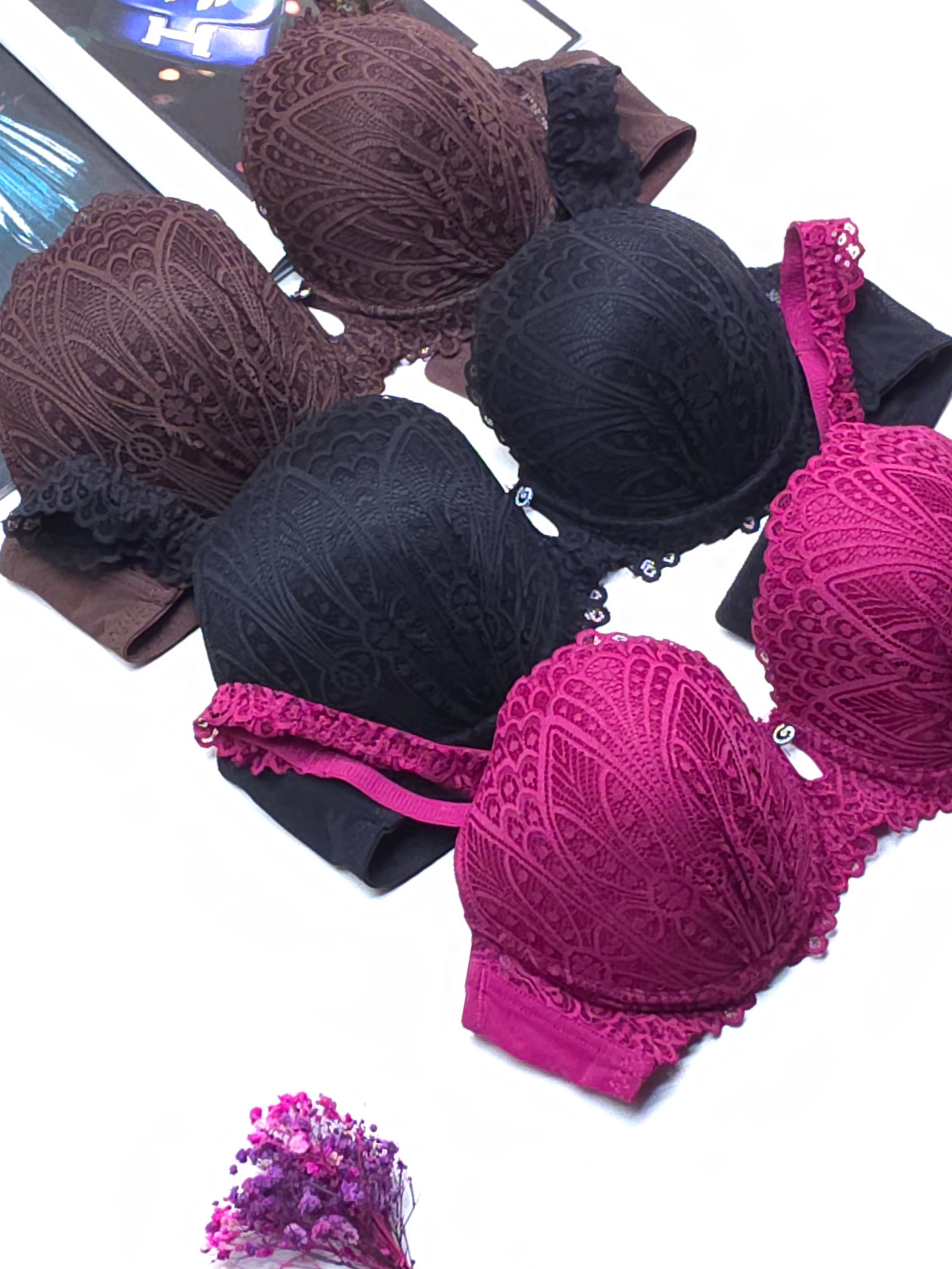(36-42)D Cup Size Light Padded Wired Flower Pattern Bra (165)*